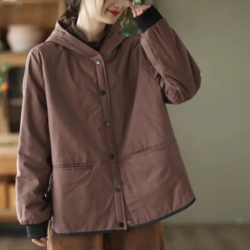 Retro Winter Women\'s Jacket 2023 New Popular Autumn Versatile Casual Hooded Warm Cotton Coat Big Size Quilted Tops Z3292