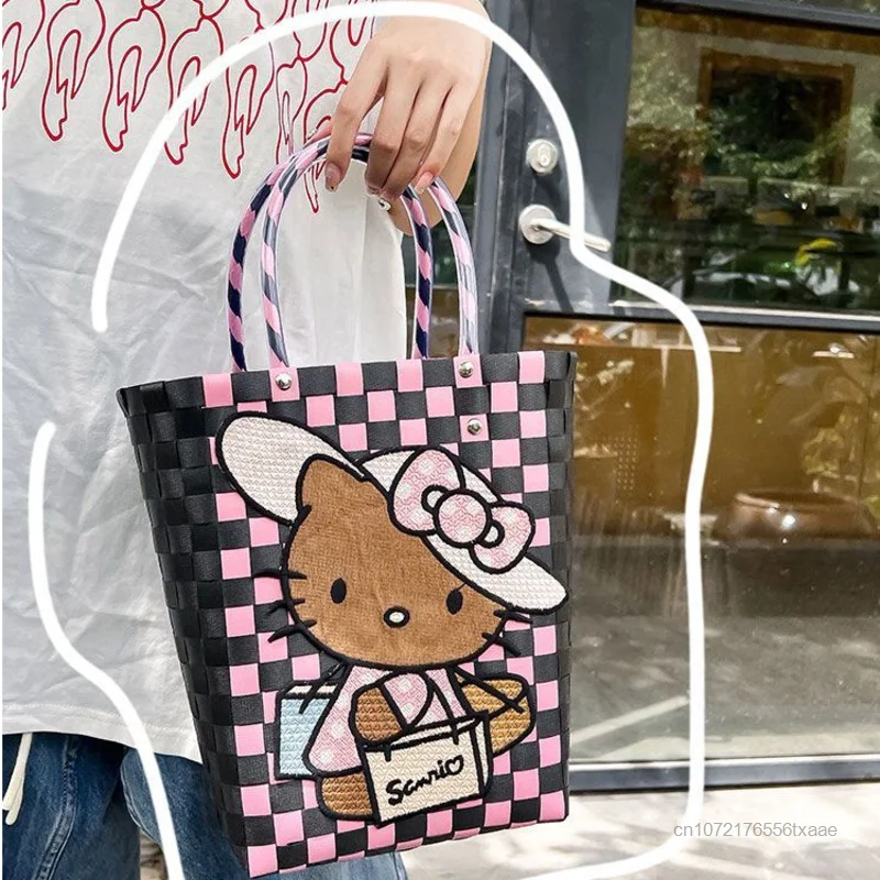 Sanrio Hawaiian Black Hello Kitty Weaving Baskets Women Portable Shopping Bag Korean Fashion Handbags Y2k Small Storage Tote Bag