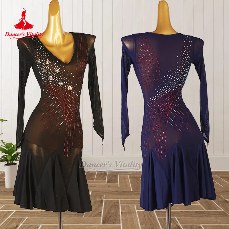 

Чача Румба Выступление платья с v-образным вырезом на заказ жизненная танцовщица для взрослых женщин латинские танцы экзаменационная одежда с длинными рукавами