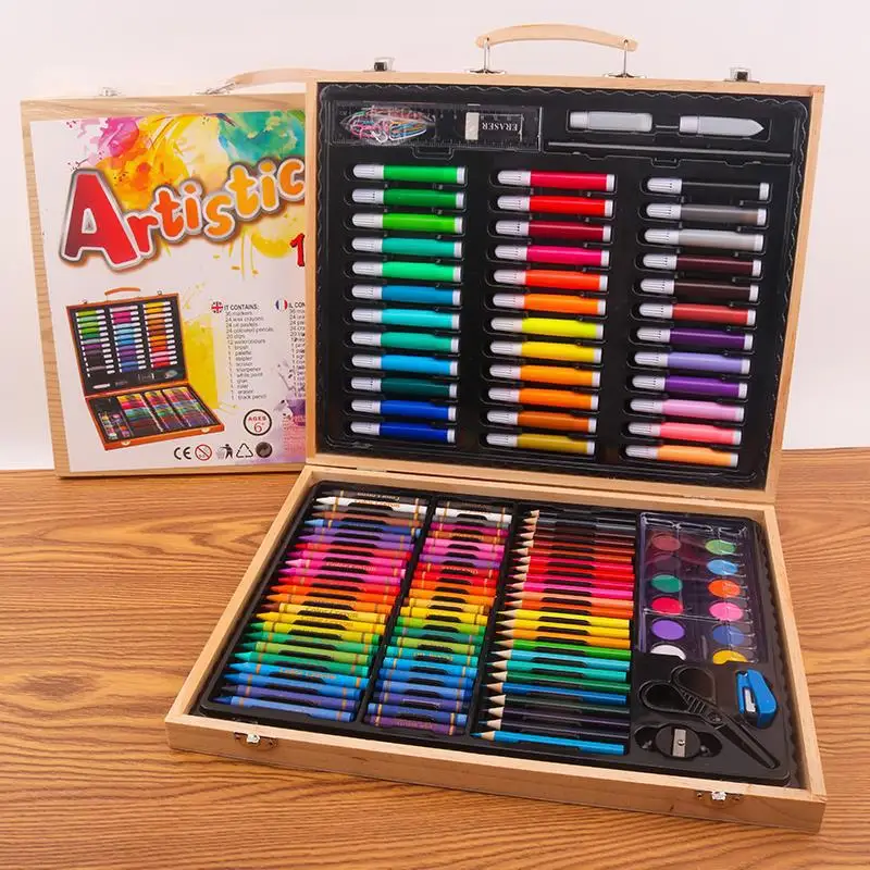 150 Piece Kids Art Set in Wooden Box with Watercolor Pens, Colored Pencils, Oil Pastels, Crayons, Watercolor Cakes, Scissors