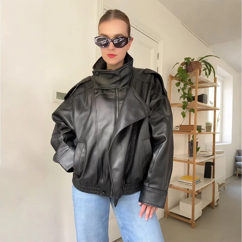 

Black Asymmetric Zip Leather Jackets Woman Y2K Vintage Bomber Long Sleeve Top New in Trend Winter Coat Female Outerwears