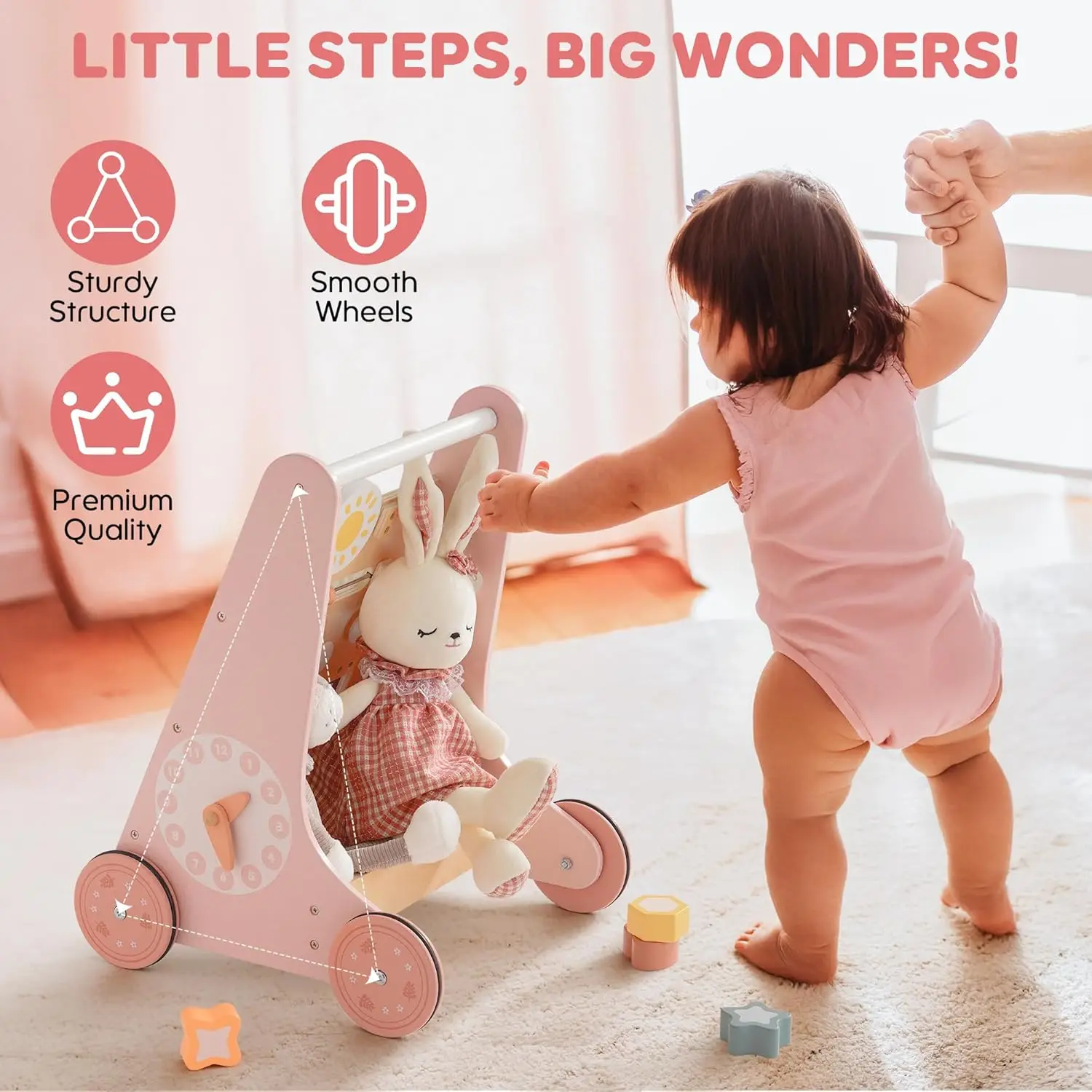 Robotime Robud 木製ベビーウォーカー ベビープッシュウォーカー アクティビティセンターと収納付き モンテッソーリウォーカーおもちゃ 男の子 女の子用 ピンク