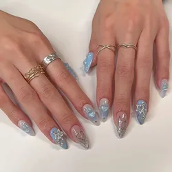 24pcs Y2k Style Fake Nails Blue Color Almond Shape Press On Nails With 3D Star Decoration For Women Wedding Activities Salon Use