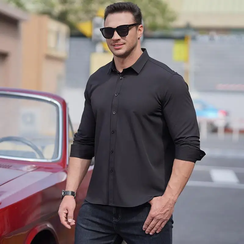 

Large Size Men's Long Sve Straight Leg irt European Size Elastic No Ironing Required Casual Collar Inner Wear irt