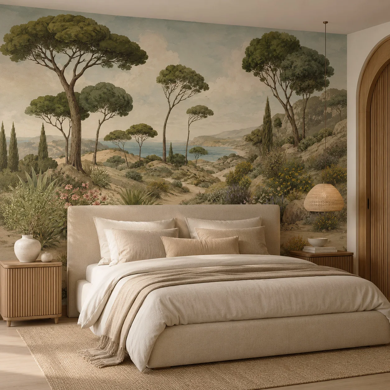 Vintage Mediterranean Coast Wall Mural Wallpaper, Olive Green Pine Trees Sea View for Living Room Bedroom, Paste Required