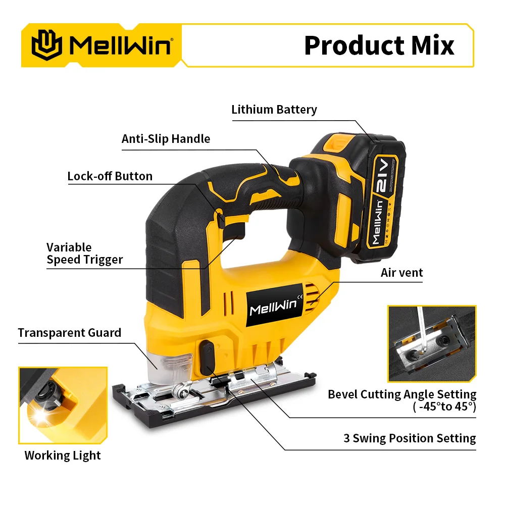 MELLWIN 3500 دورة في الدقيقة منشار كهربائي لاسلكي 31 شفرة منحنى لاسلكي منشار متعدد الوظائف أداة نجارة لدبوس بطارية ماكيتا 18 فولت