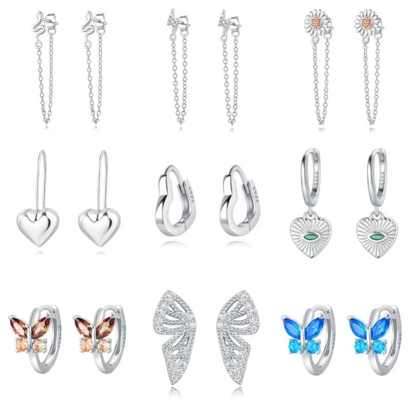 2023 Real New 925 Sterling Silver Zircon Heart And Butterfly Wing Ear Stud Earrings Women's Girlfriend Gift Original Design