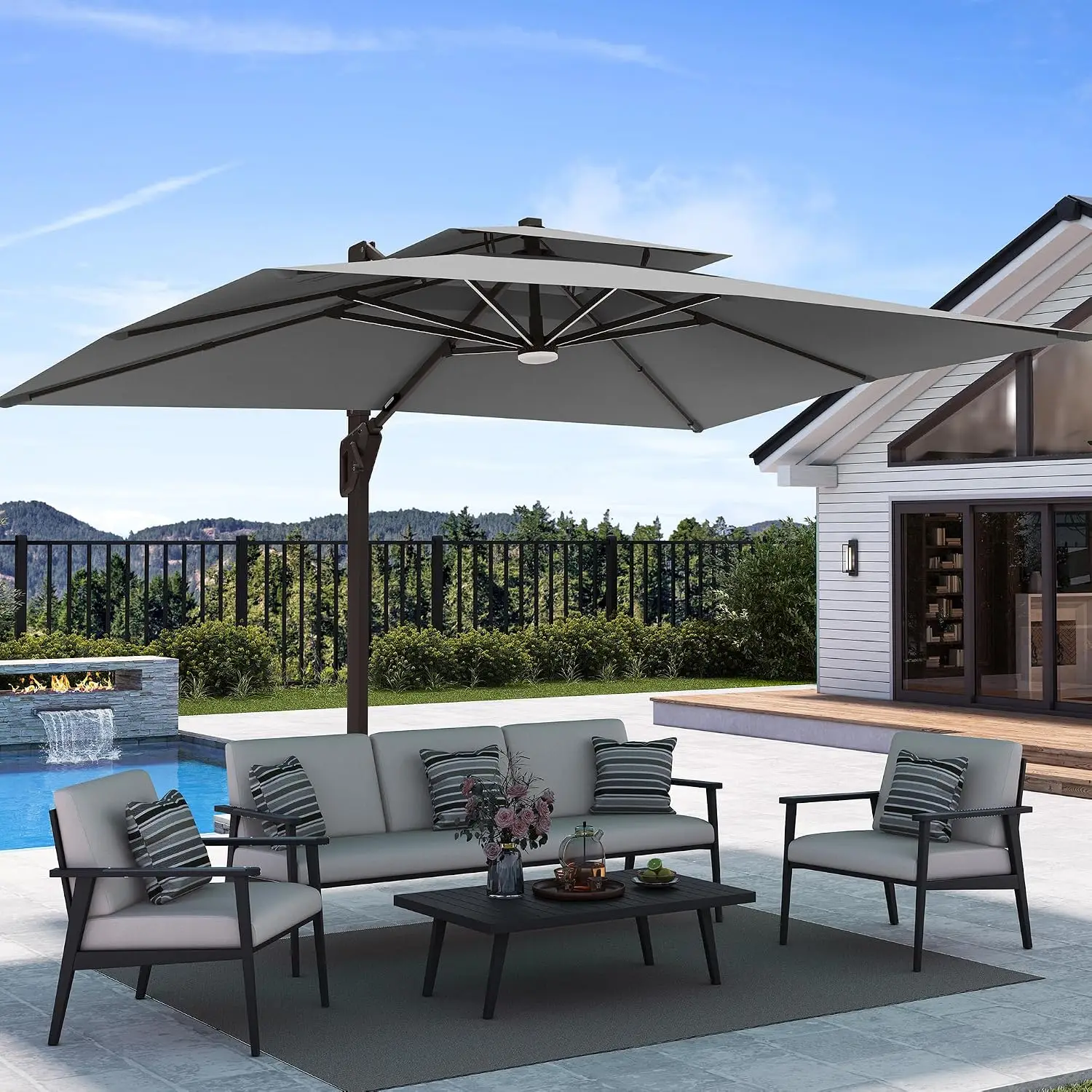 Weighted Base Included, Aluminum Frame, Double Top Waterproof Canopy, 360-degree Rotation, for Pool Garden Deck, Grey