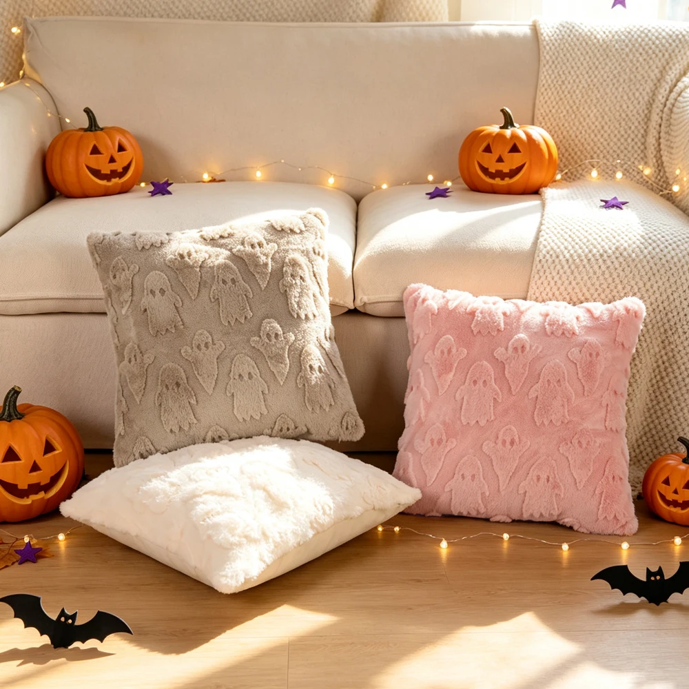 BUYNOW 1PC acquard Faux Rabbit Fur Halloween Ghost Pillowcase Without Filler Halloween Vibe Sofa Cushion Cover Home Decor