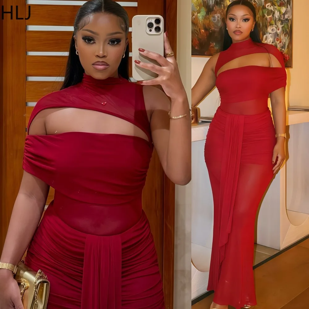 

HLJ Sexy See Through Bodycon Long Dresses Women Mesh Irregular Ruched Patchwork Backless Dress Female Party Clubwear Vestidos