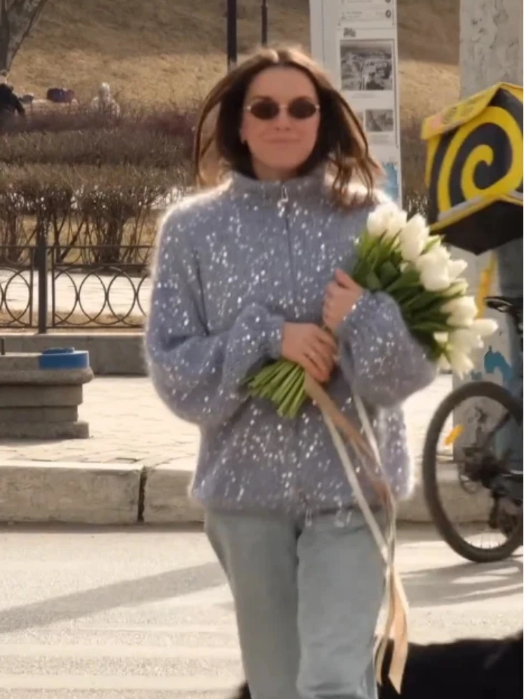 

Женский вязаный кардиган с пайетками, винтажный блестящий жакет на молнии с отложным воротником, элегантный уличный трикотаж, весна 2026