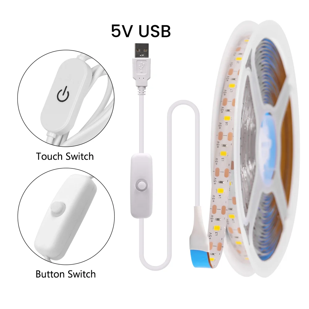 Tira de luces LED USB con interruptor para decoración del hogar, cinta impermeable de retroiluminación de TV, diodo de cinta, 5V, 2835, 60LED/m, 1M,