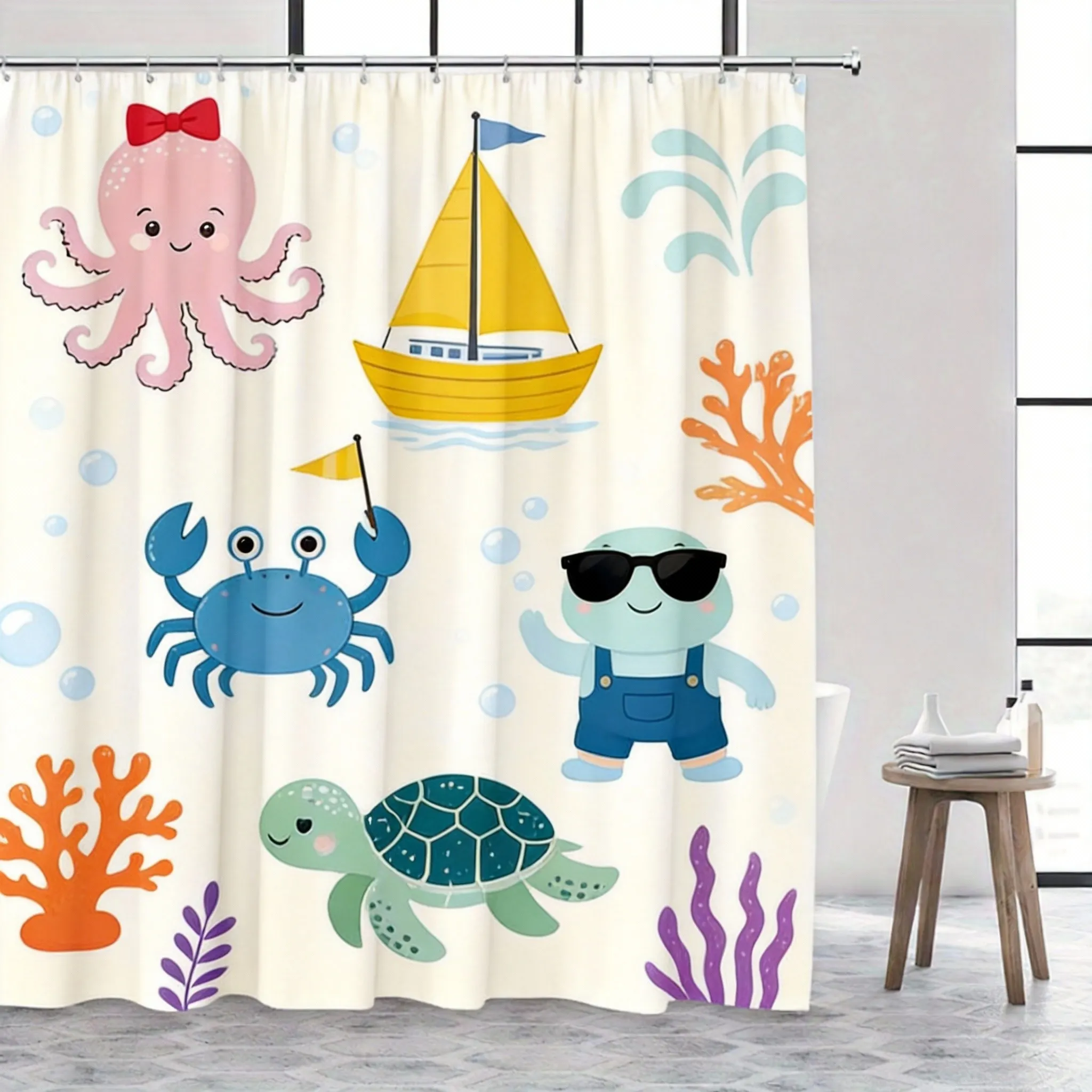 Underwater Shower Curtain 180x180cm Playful Ocean Animals For Kids Bathroom Whimsical Aquatic Decor 12 Hooks