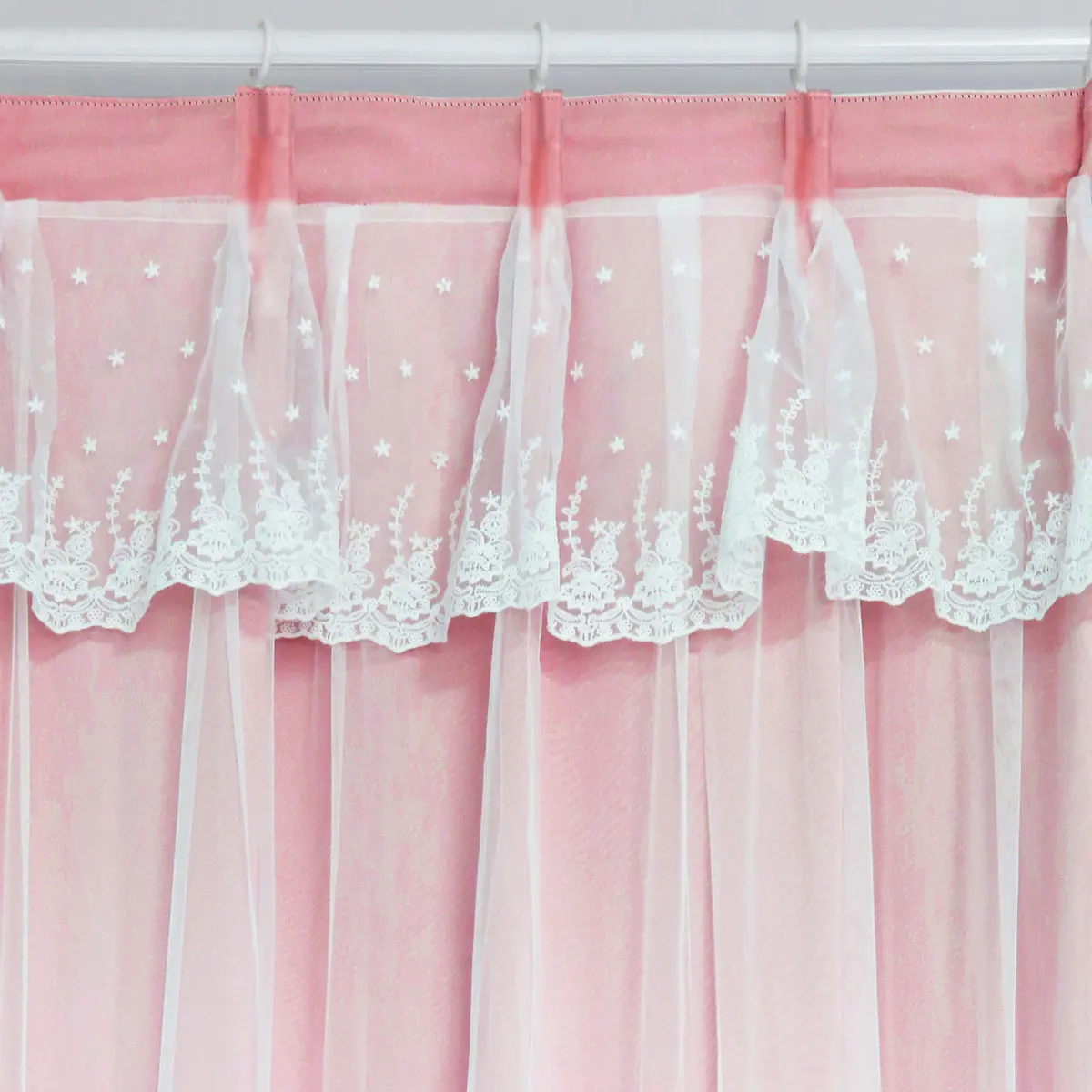 2 Panels Pink Sheer Curtains with Lace Valance, Korean Sweet Girl Ins Style, Polka Dot Lace Top Light Filtering Window Sheers fo