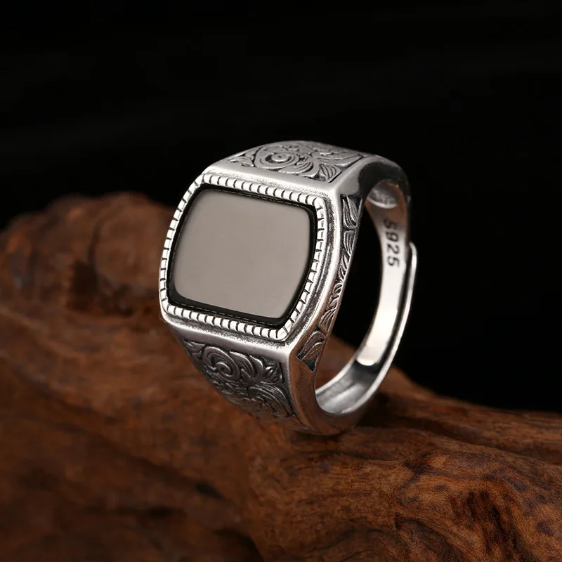 S925 Sterling Silver Black Agate Adjustable Ring Punk Style Old Process Free Size Women Leaf Fine Jewelry FYRNG164