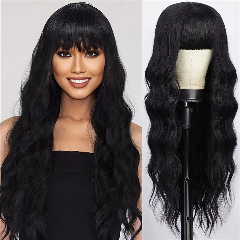 

Long Black Wig with Bangs,26 Inches Synthetic Wavy Bang Black Wigs for Women Women Long Curly Heat Resistant Black Hair Wig