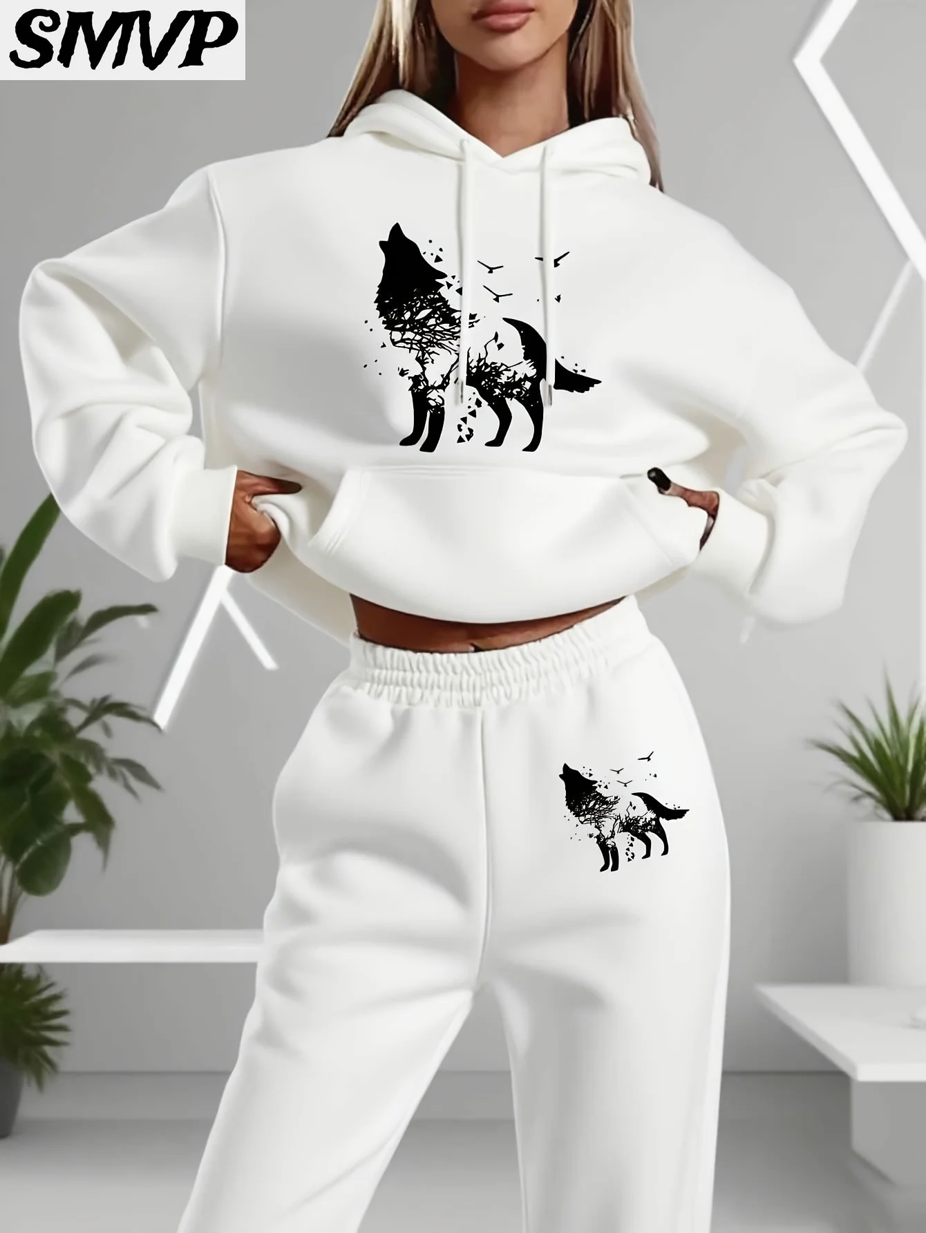 SMVP النساء الفتيات القطن هوديي مجموعة أبيض أسود الذئب والطيور طباعة قطعتين الزي عارضة المتسكعون الأم ابنة