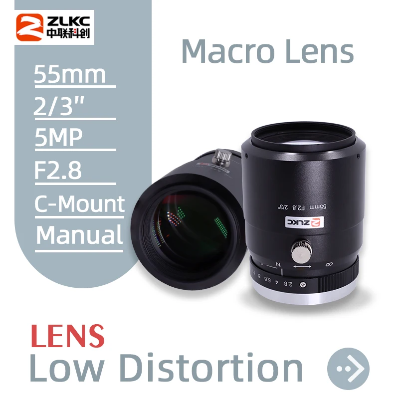 ZLKC 5MP CCTV Macro Lens 2/3 55mm Fixed Focus C Mount Installation Suitable for Industrial Inspection Machine Vision Telecentric