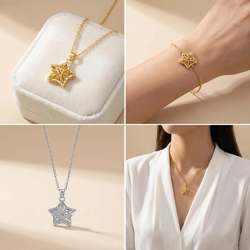 Fotografia 6: Colar Feminino de Aço Titânio de Luxo com Design de Nicho Estrela e Lua, Acessórios Simples e Microincrustados - Lançamento Quente