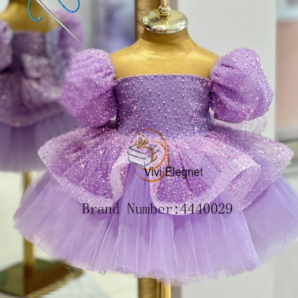 Robes de demoiselle d'honneur à col carré exquises pour enfants, tulle doux à manches longues, longueur au genou, image réelle, 2024