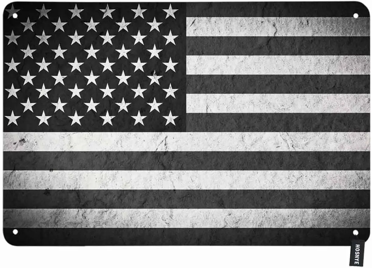 American Flag Tin Sign Black and White Backdrop with Stars and Stripes Vintage Metal Tin Signs for Men Women Wall Art Decor sign