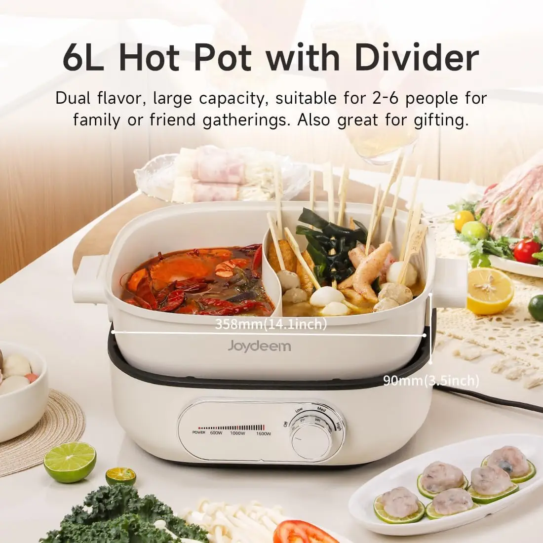 Electric Hot Pot with Divider, 6L/6.3 qt Double-Flavor Shabu Shabu Pot, UL Listed & Boil-dry Protection, Suitable for 2-6