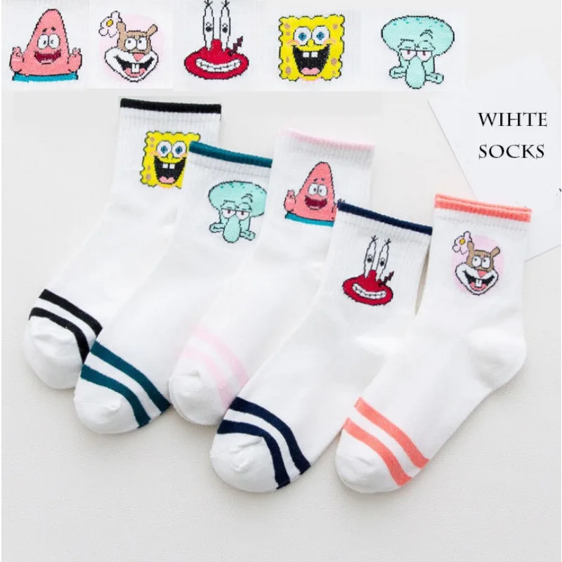 SpongeBob Cartoon Socks Women Girls Cute Street Fashion Mid-calf Socks Anime Sports Skateboard White Breathable Short Socks