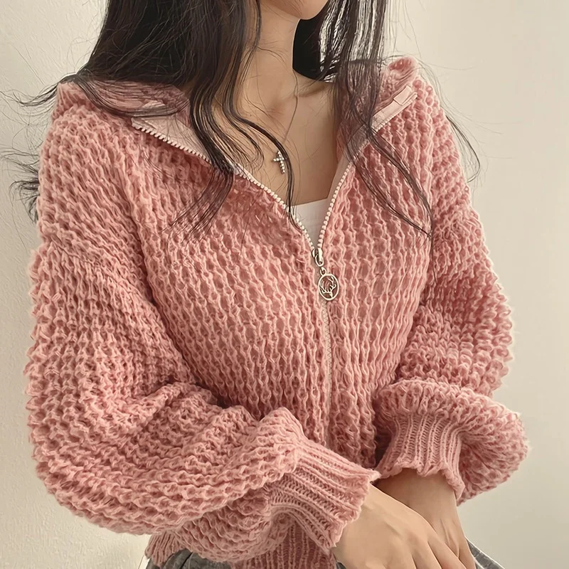 

Chic Spring Autumn Lazy Style Retro Hooded Unique Coarse Knit Zipper Collar Fashionable Woolen Knitted Sweater Coat for Women