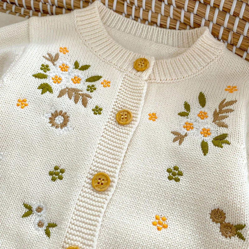 2024 New Autumn Children Clothes Newborn Baby Girls Sweater Coat Long Sleeved Floral Embroidery Baby Girls Knitting Cardigan