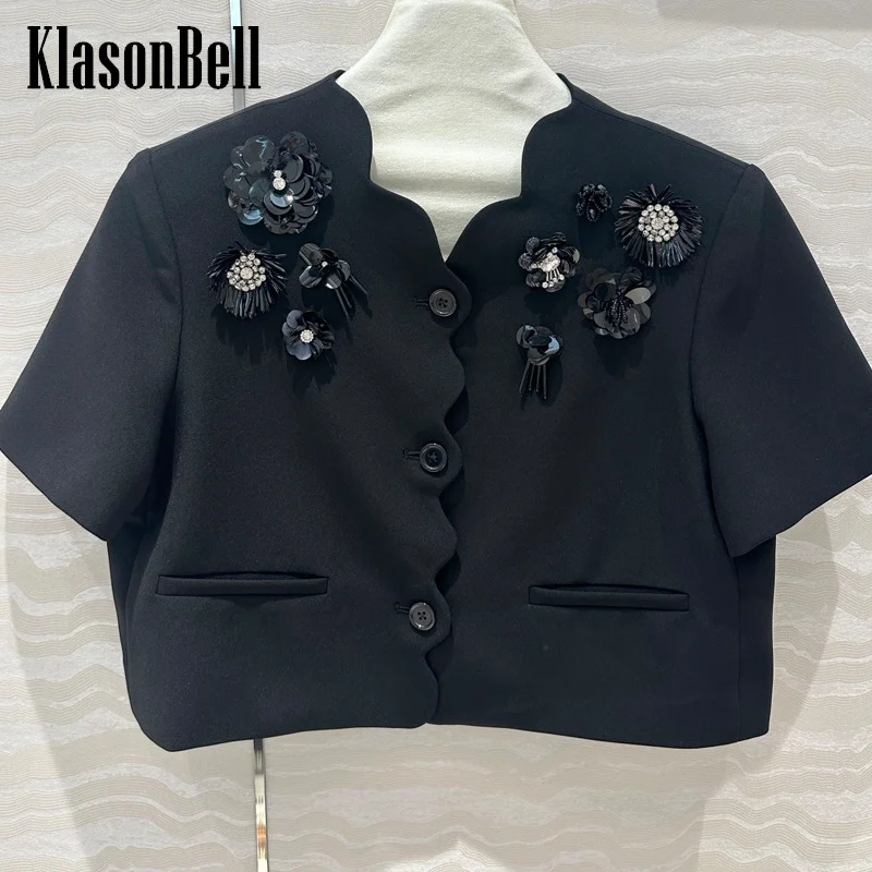 

7.15 KlasonBell Women Hand Sequins Diamonds Beading Flower Decoration Jacket Temperament Sweet Wave V-Neck Short Sleeve Coat