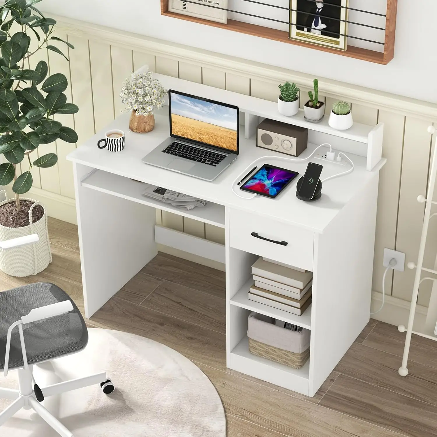 White Computer Desk With Charging Station, Type C Port, Modern Writing Desk With Drawer, Removable & Adjustable Shelf, Keyboard