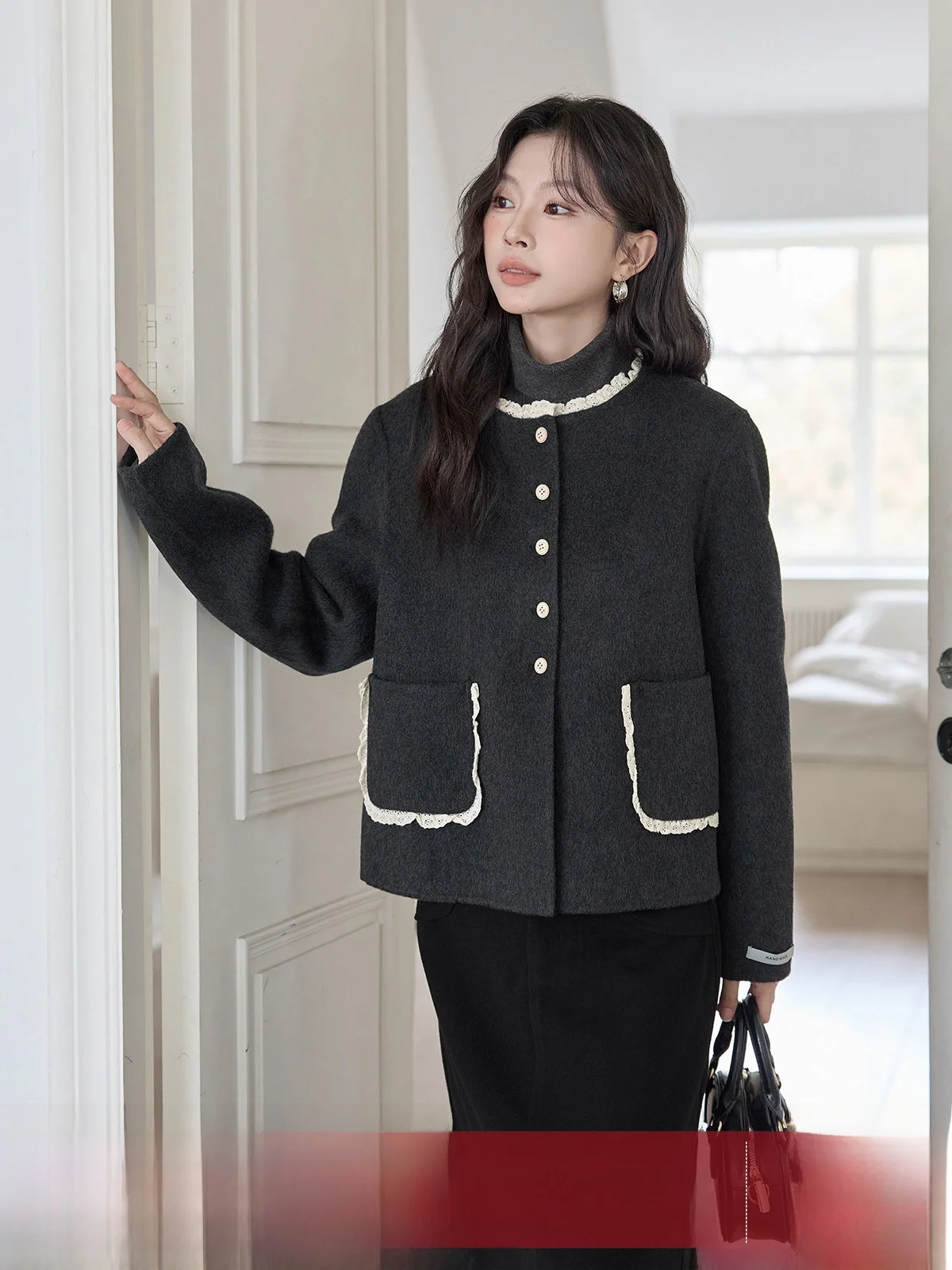 

Двустороннее шерстяное пальто для женщин с кружевной отделкой и пэчворком, универсальный топ для повседневной носки, корейский стиль, длинный рукав, круглый вырез, однотонное