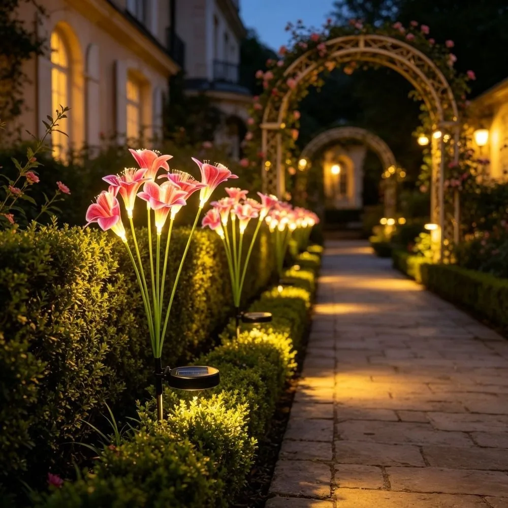 6 Heads Lily Flower Stake Lights Solar Powered Waterproof Lawn Lamp Fiber Optic LED Pathway Patio Yard Light