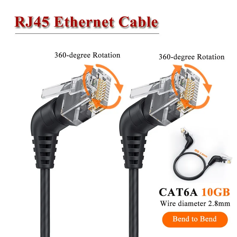 Elbow CAT6A 10G Network Cable 360 Degree Rotating Cat6A 10 Gigabit Finished Jumper Line Thin Bend RJ45 Broadband Ethernet Wire