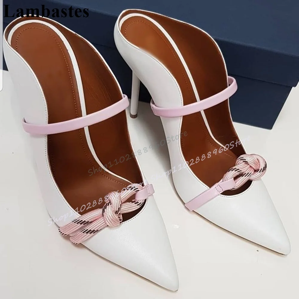 

Graceful White Shallow Knot Strap Half Slippers Thin High Heel Women Shoes Slip On Pointed Toe 2025 Fashion Zapatos Para Mujere