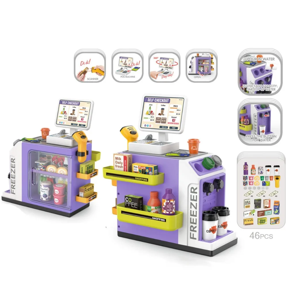 Máquina de café de simulación de compras simulada, juguete con salida de agua, Mini caja registradora de supermercado, escáneres de juguete, cajero