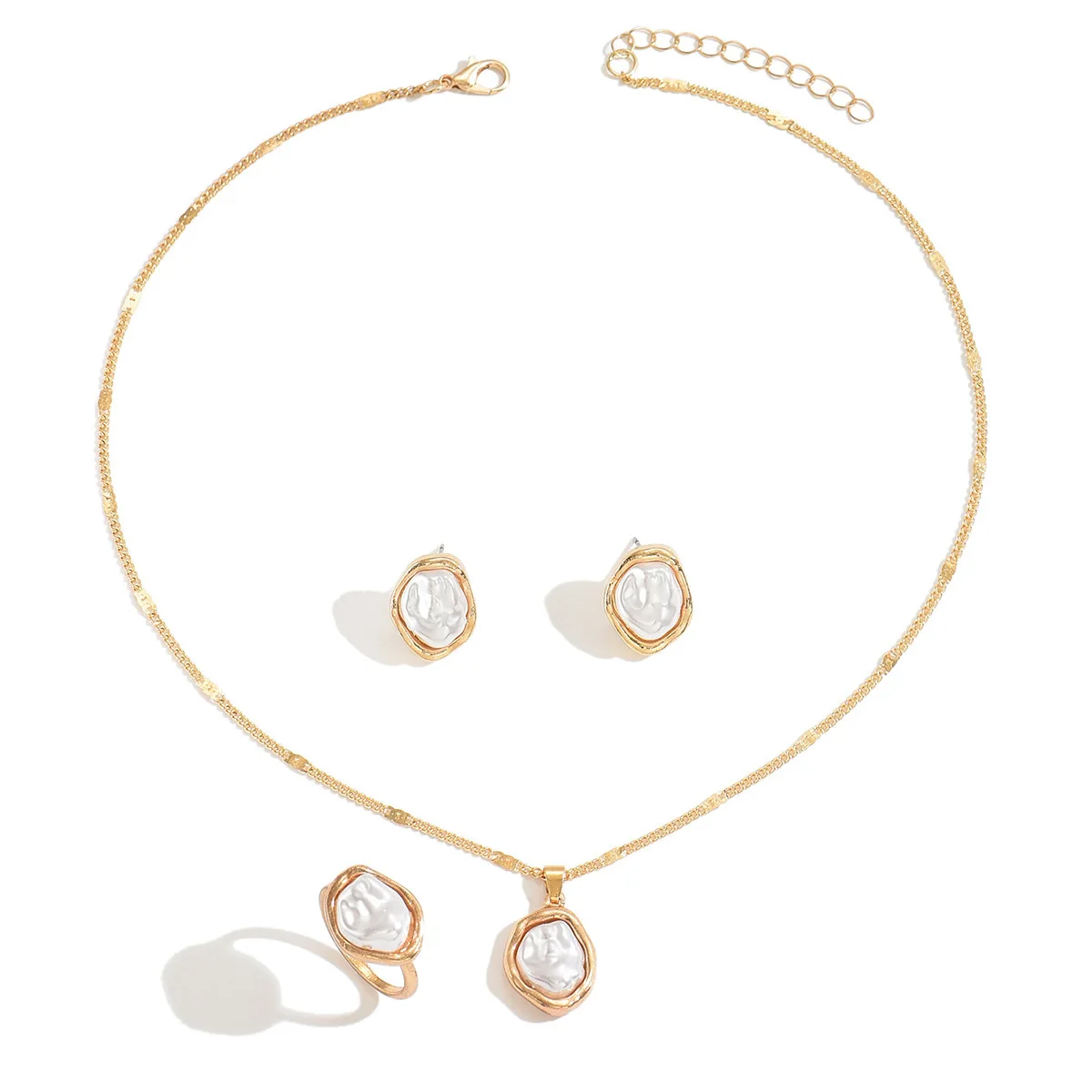 Vintage Schmuckset mit unregelmäßigen Barock-Imitationsperlen für Damen, vergoldete Ohrringe, Ring, Anhänger, Halskette, Hochzeitsgeschenk – Detail 7
