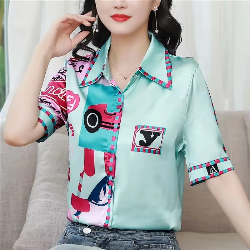 

Silk Shirt WomenShort Sleeve Summer New Fashion High-End Printed