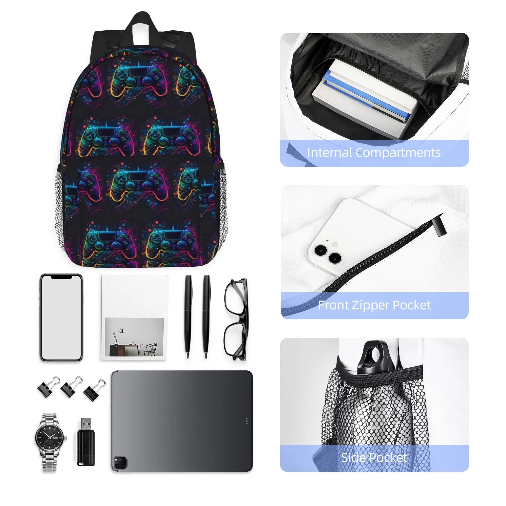 Neon Light Game Controller Gamepad Backpack Hot Sale Daypack  Boys Girls BookBag Shoulder Bags for Men Women School Bag