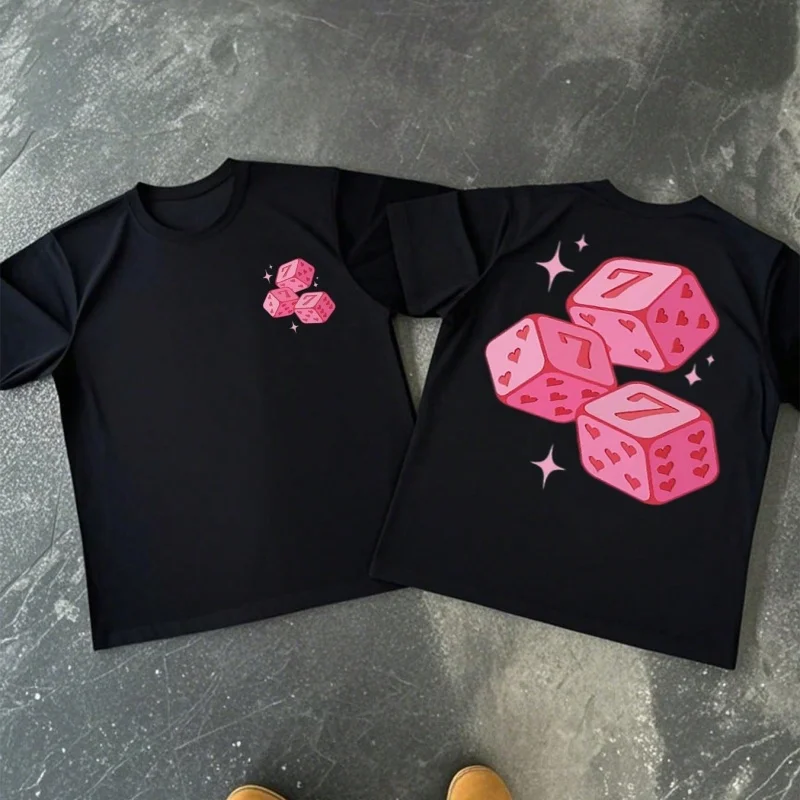 Lucky Seven Dice T-shirt Women Summer Y2K Aesthetic Pink Hearts Graphic Loose O-neck Short Sleeve Casual Tee