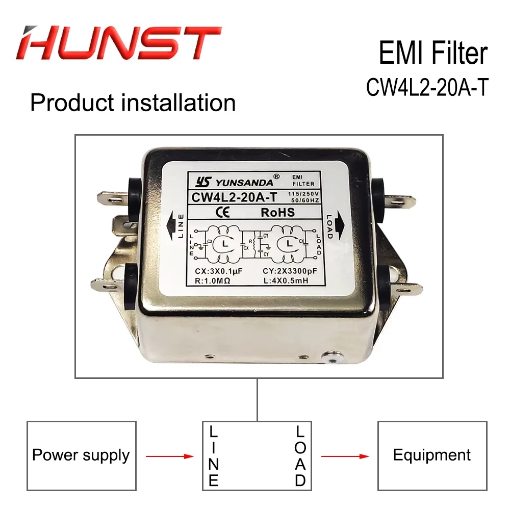 Filtre EMI Hunst Power CW4L2-20A-T monophasé AC 115V / 250V 20A 50/60HZ pour machine de découpe laser et machine de marquage laser.