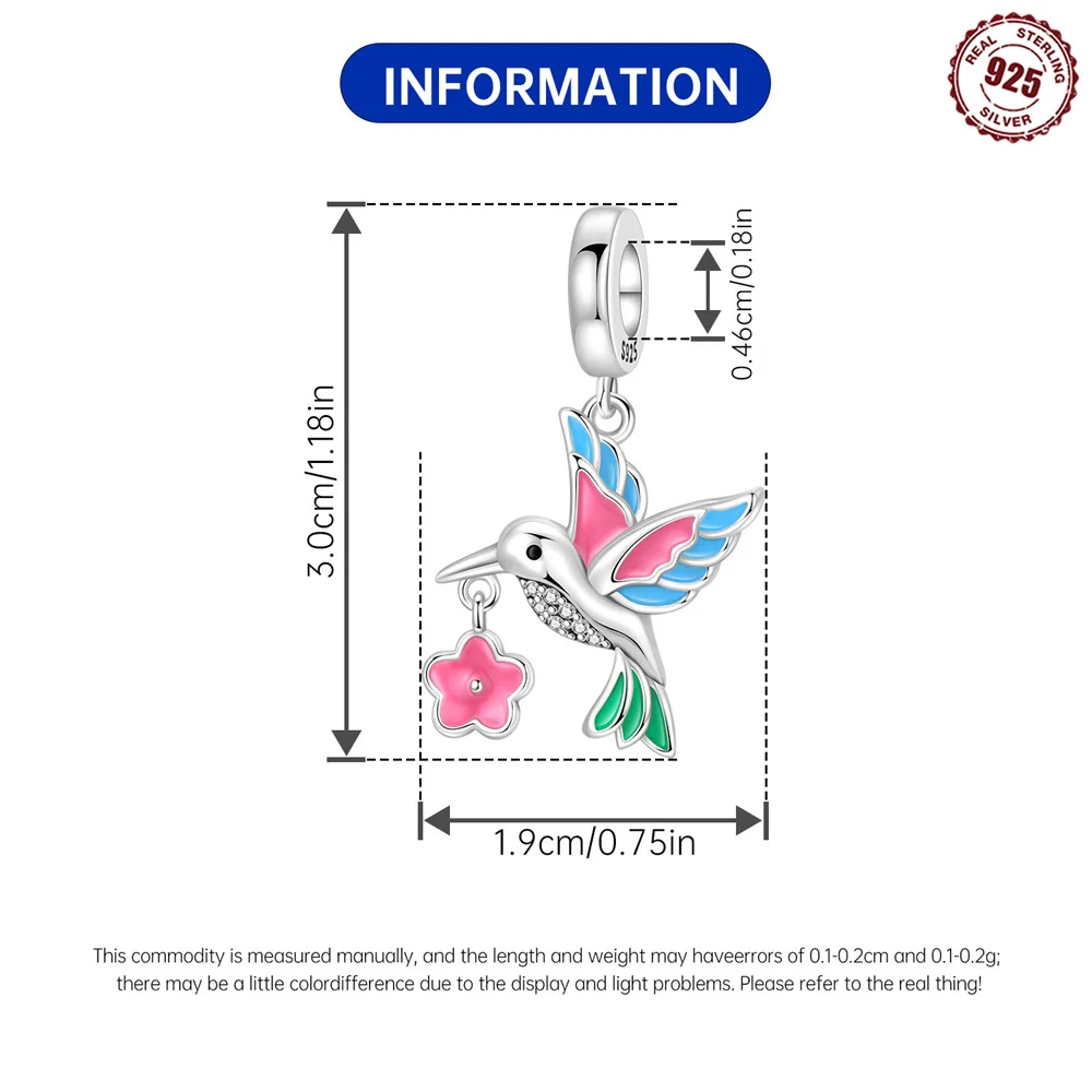 925 Sterling Silver Hummingbird Flower Dangle Charm Bead Colorful Enamel Clear Zircon Bird Nature fit Bracelet Bead Jewelry Gift