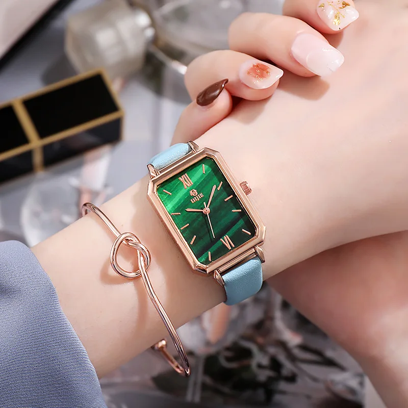 Женские часы, модные квадратные женские кварцевые часы, набор браслетов, зеленый циферблат, простые роскошные женские часы с сеткой из розового золота (БЕЗ КОРОБКИ)