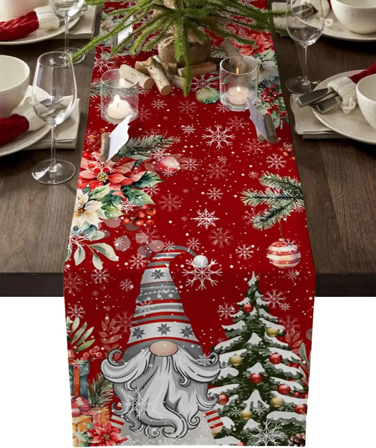 1Pc Christmas Gnome Style Table Runner Red Snowflake Pine Cone Santa Claus Print Table Cover For Dining Table Kitchen Party Deco