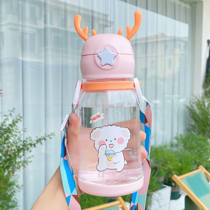 Cartoon Antlers Water Bottle For Kids Sippy Cups Water Bottle With Straw Baby Water Feeding Cups Portable Leakproof Water Bottle