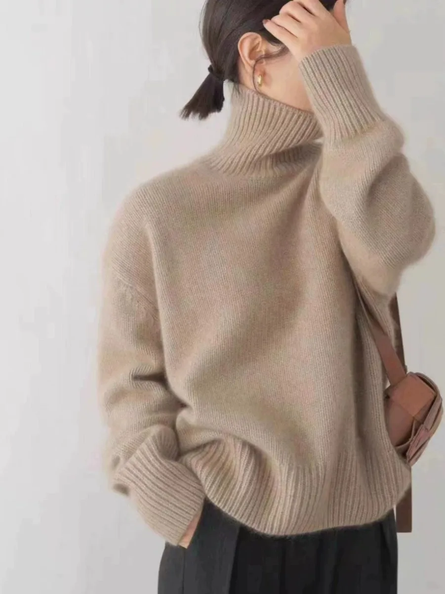 Turtleneck 100% pure cashmere women\'s loose sweater thickened autumn and winter wool sweater jumper lazy base