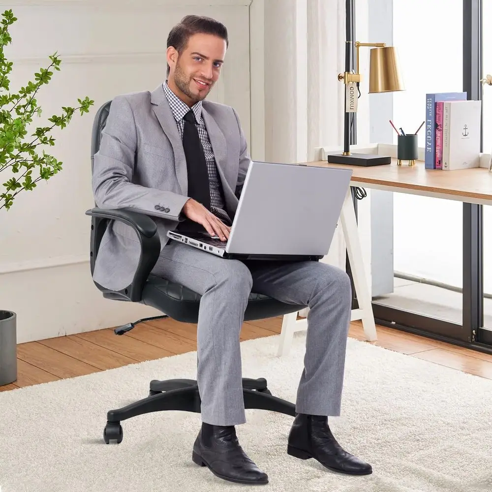 

Office Chair Mid Back Leather Computer Desk Chair with Wheels, Ergonomic Executive Swivel Chair with Lumbar Support, Armrest fo