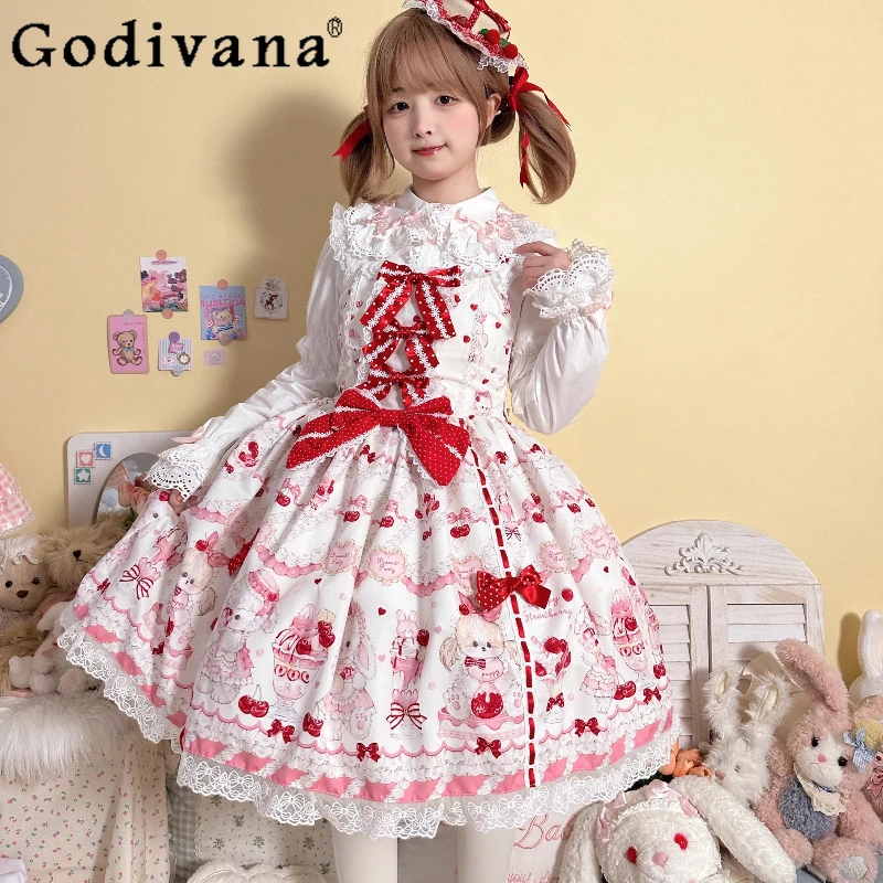 

Japanese Soft Girls Sweet Kawaii Sling Dresses JSK Women's Cute Bow Print Sleeveless Mini Dress Daughter Daily Lolita Dress