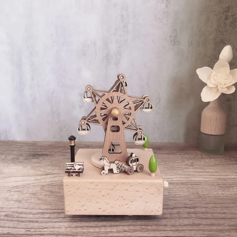 Ferris Wheel Carriage Music Box, Handcrafted Wooden Rotatable Music Box Ornament, Office Desk Decoration, Festival Birthday Gift
