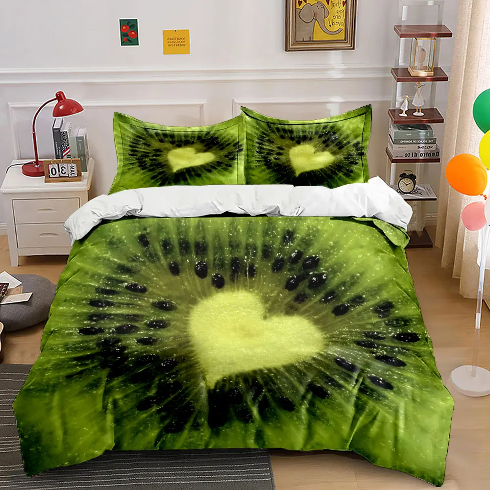 Cute Heart-Shaped Kiwi Slice 3PCS Bedding Set Soft Microfiber Duvet cover Pillowcase Set for Fruit Lovers Bedroom Decor
